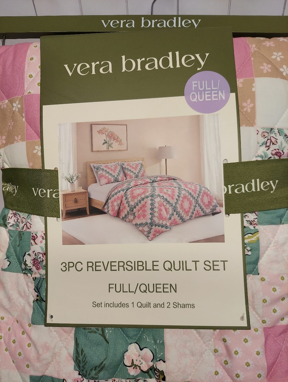 NEW Vera Bradley 3pc Pink, Green and Cream Patchwork Reversible Quilt Set